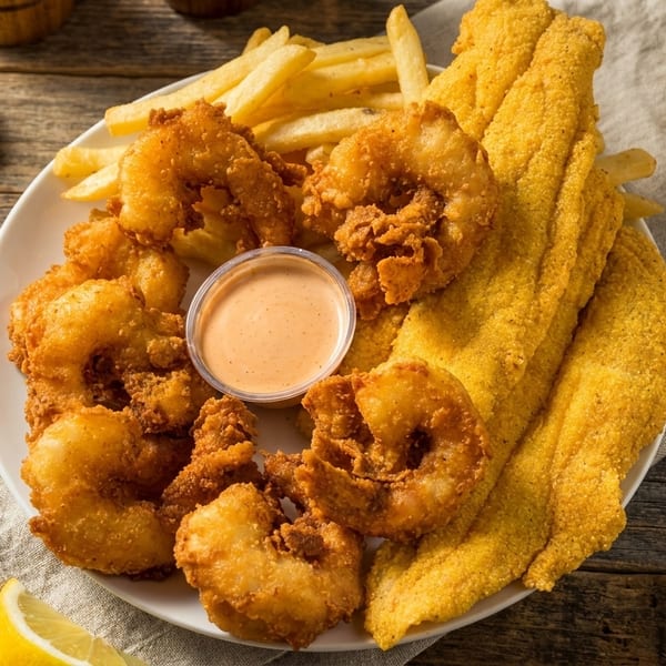 Fried shrimp and fish fillets with french fries, dipping sauce, lemon, and parsley on a wooden table.