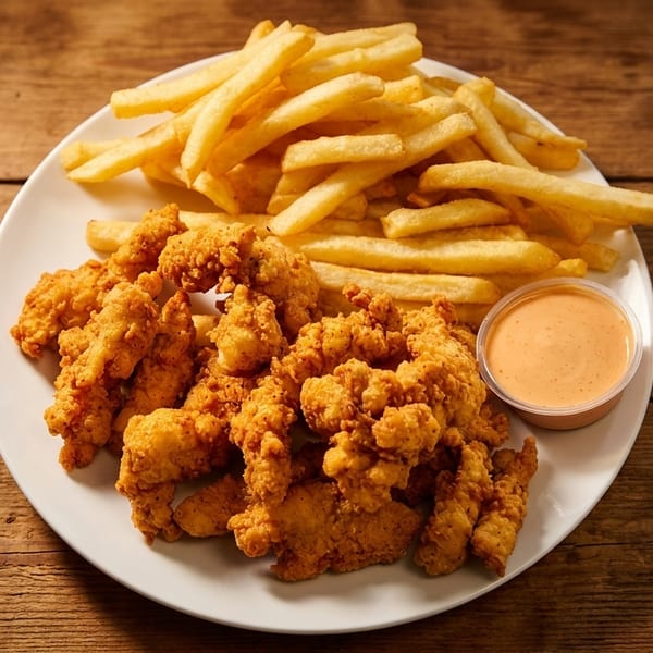 Crispy fried chicken tenders, golden french fries, and dipping sauce on a white plate.