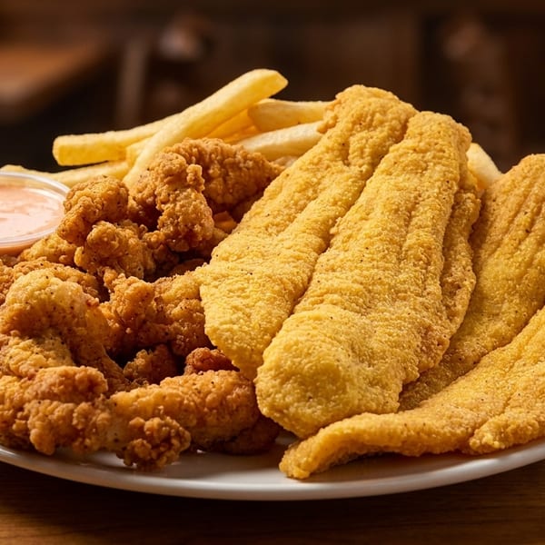 A platter of golden-fried fish fillets, popcorn shrimp, french fries, and dipping sauce on a wooden table.