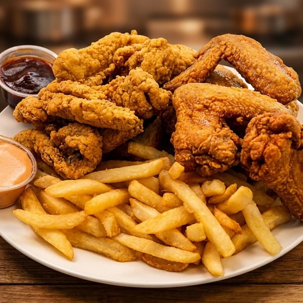 A large platter of crispy fried chicken, chicken tenders, and golden french fries with dipping sauces.