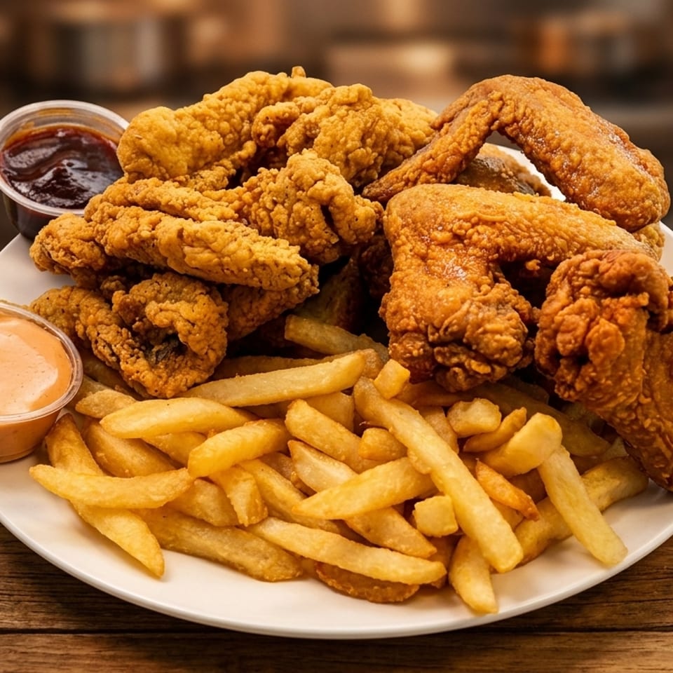 A white plate piled high with crispy fried chicken, french fries, and two dipping sauces on a wooden table.