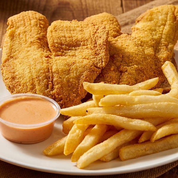Crispy fried fish fillets with golden french fries and a side of dipping sauce on a white plate.