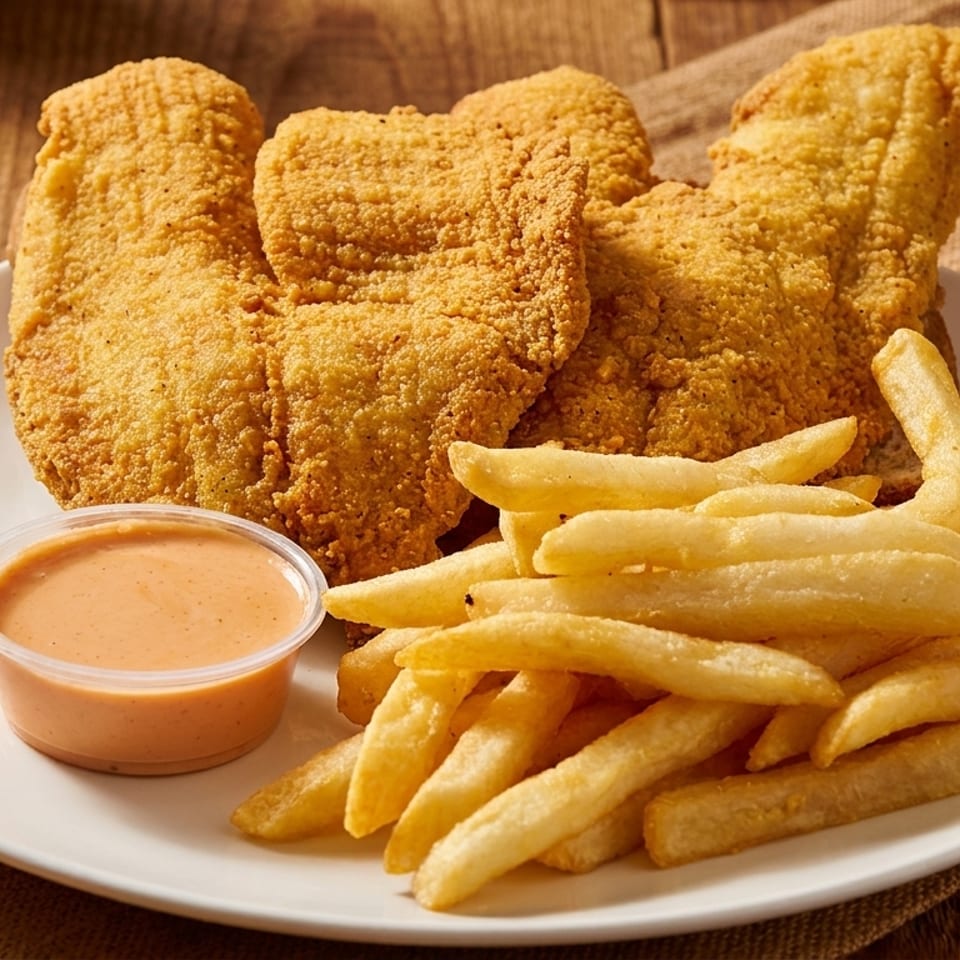 Crispy fried fish fillets with golden french fries and a side of dipping sauce on a white plate.