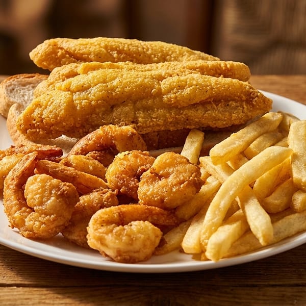 A white plate with fried fish, shrimp, and french fries on a rustic wooden table.